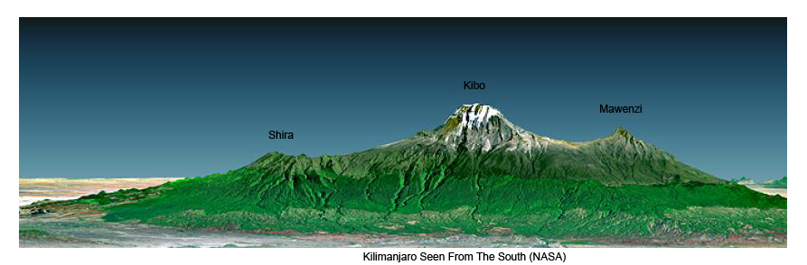 Mt. Kilimanjaro seen from the south, showing Shira, Kibo and Mawenzi
